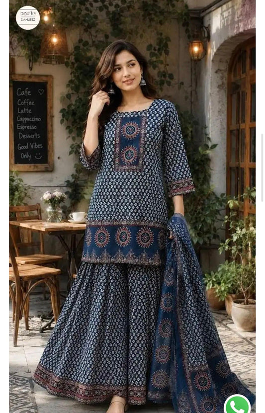 Navy Blue Cotton Printed Gopi Sharara Set | Ajrakh Print Kurti with Dupatta
