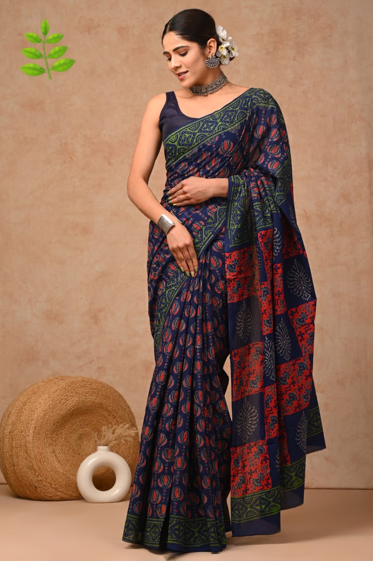 Multi Color Navy Hand Block Printed Cotton Saree with Blouse   (BFCS76)