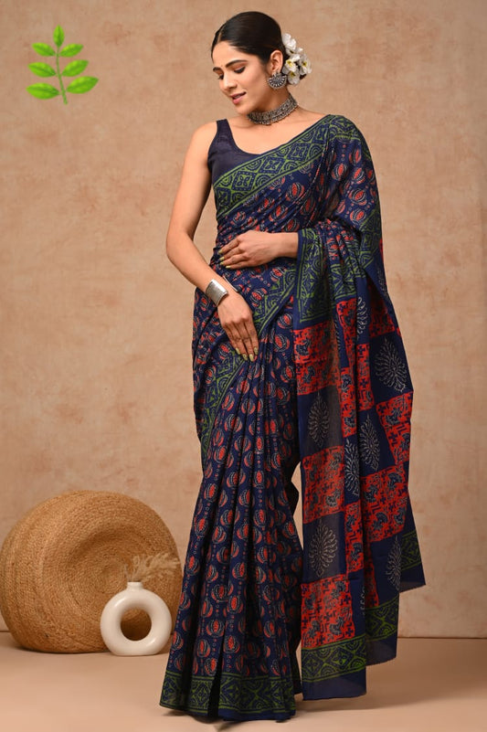 Multi Color Navy Hand Block Printed Cotton Saree with Blouse   (BFCS76)