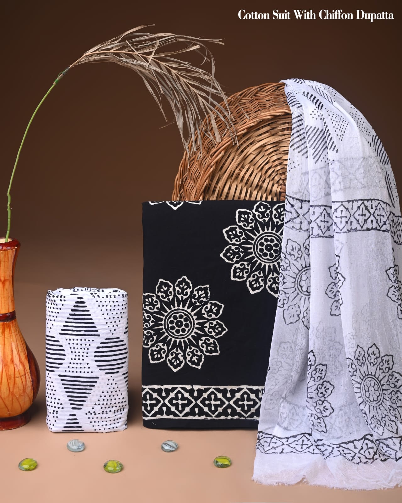 Premium  Hand Block Cotton Suit With Chiffon Dupatta Suit Sets(BFCC25)