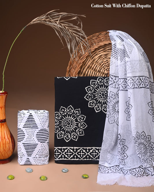 Premium  Hand Block Cotton Suit With Chiffon Dupatta Suit Sets(BFCC25)