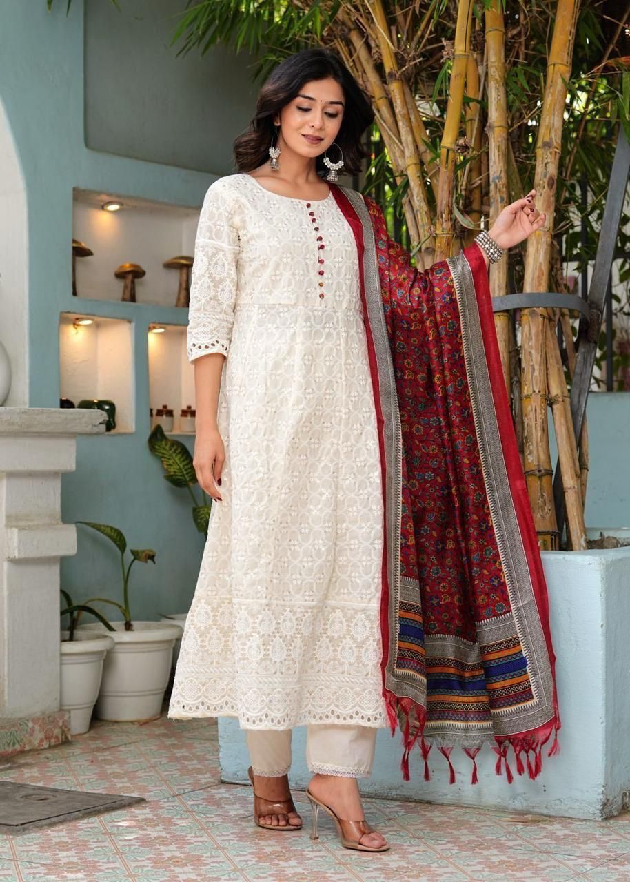 *New Chikankari Design Set*

 *Trust our new arrivals classic comfortable chikankari cotton sets in the most beautiful two summer colors*

 *Pure Chikankari Anarkali kurti with pant and silk chanderi digital Print dupatta set*