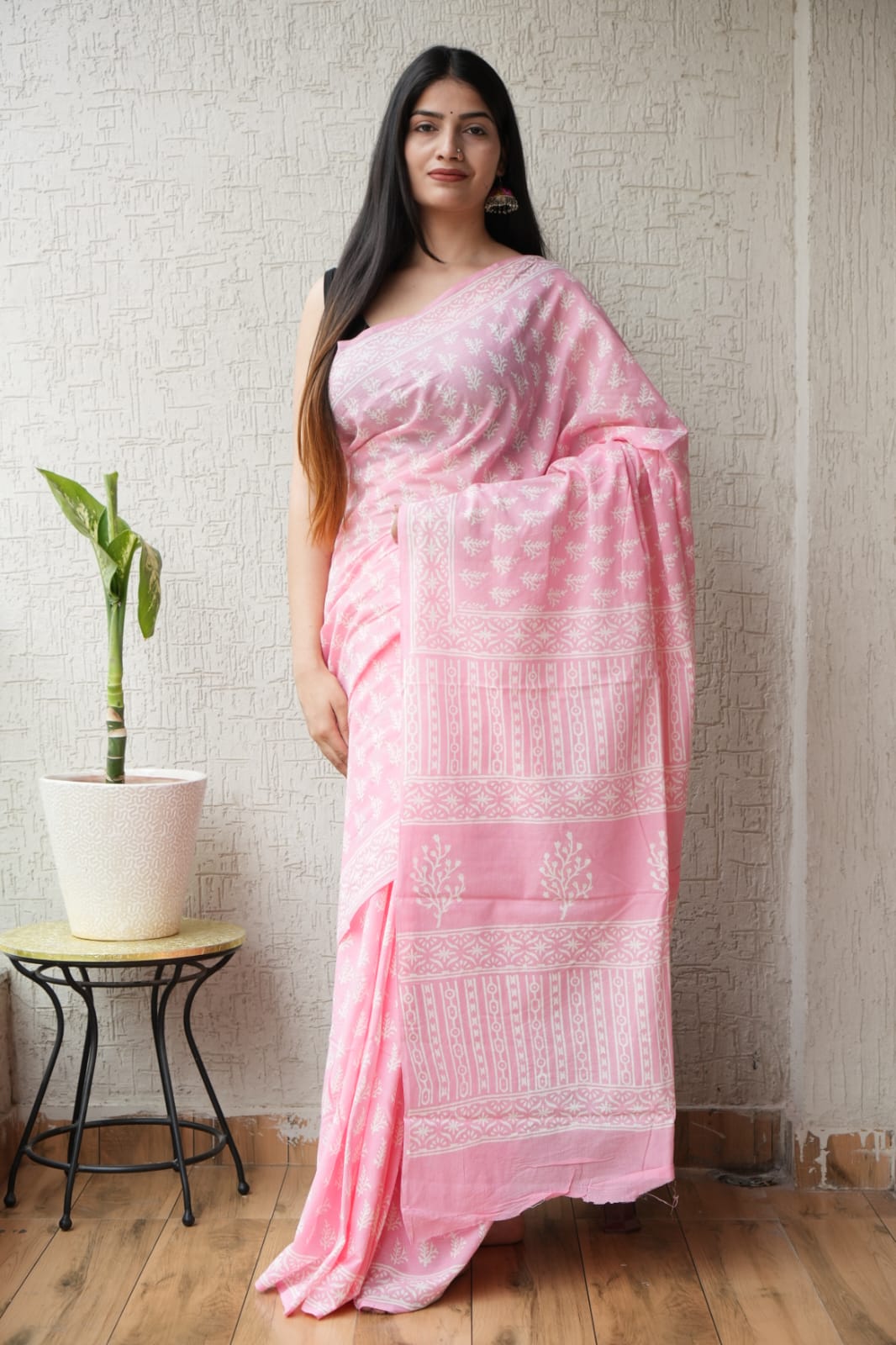 Baby Pink Hand Block Printed Cotton Saree with Blouse  (BFCS71)