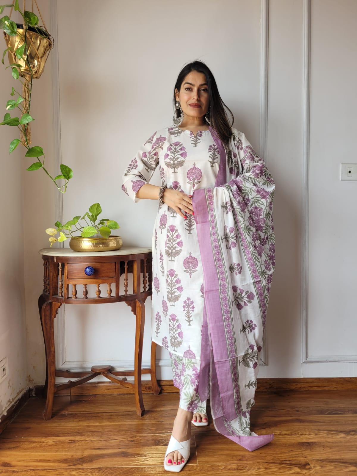 Off-White & Lavender Hand Block Printed Cotton Suit for Women