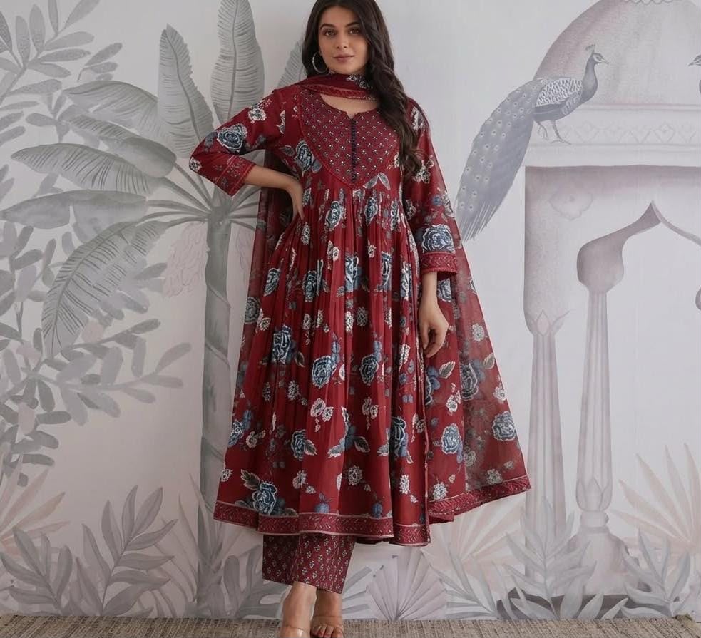 Maroon Red Floral Print Anarkali Kurta Pant Dupatta Set