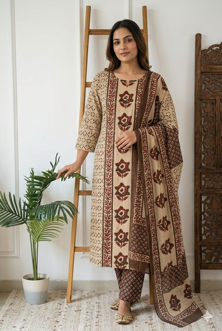 Beige & Brown Floral Print Cotton Kurti Set with Sequence Work