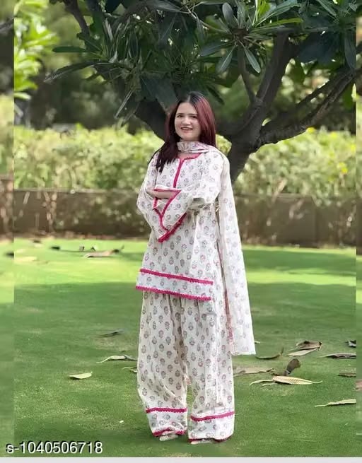 Off-White Floral Printed Farsi Cotton Suit for Women | Kurti with Farsi Pant & Contrast Pink Border Dupatta
