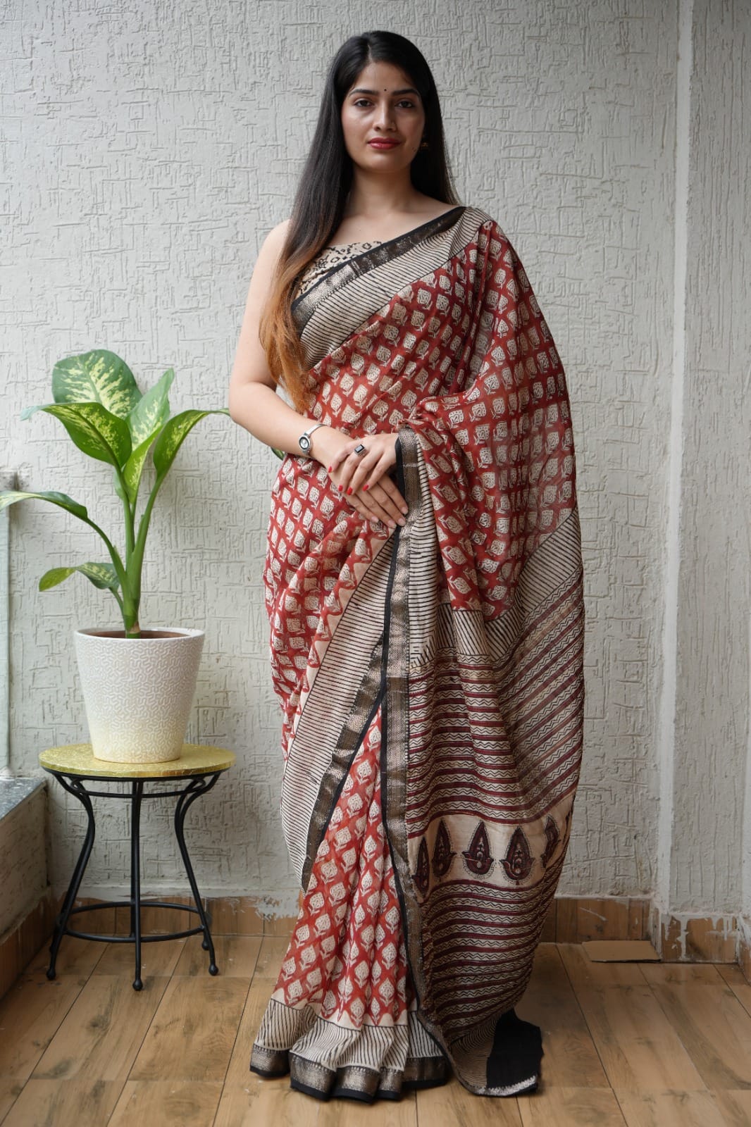 New Designer Hand Block Print Maheshwari Silk Saree (BFMSARE17)