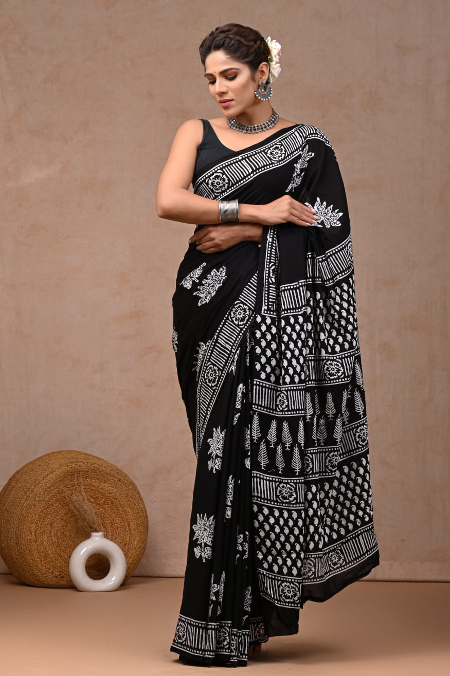 Traditional Authentic Hand Block Printed Pure Organic Cotton Sarees With matching Blouse