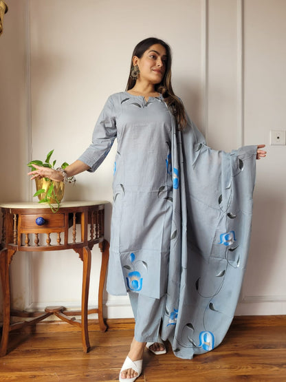 Grey Floral Cotton Suit with Cotton Dupatta for Women