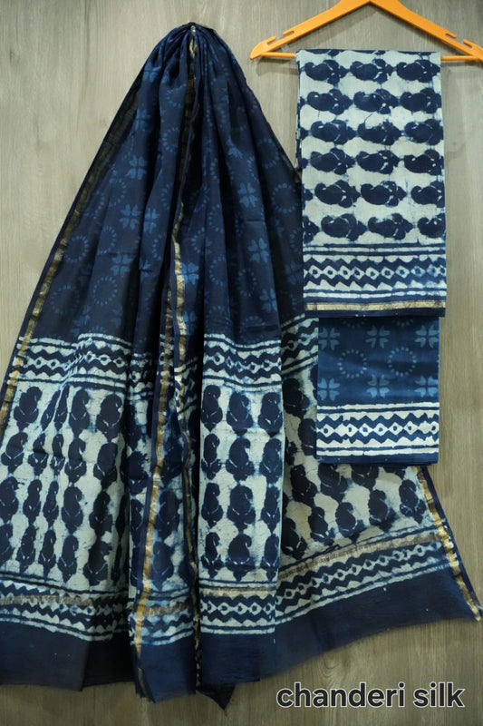 Indigo Blue & White Dabu Batik Hand Block Print Chanderi Silk Dress Material (BFCHS35)