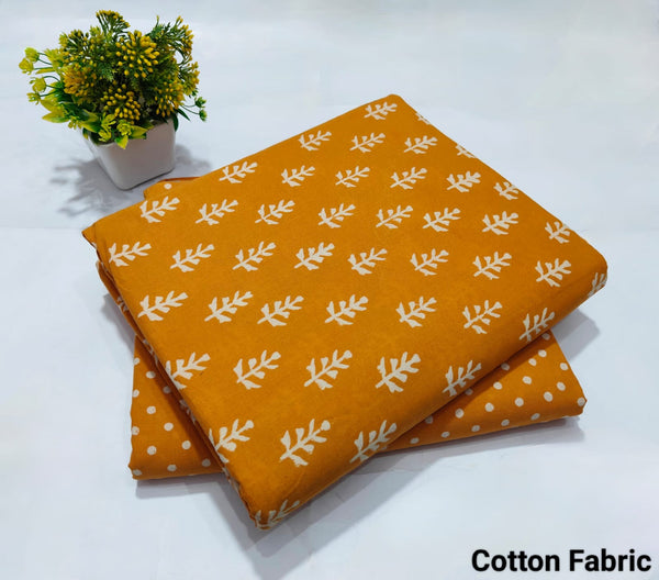 Mustard Yellow Leaf Printed Cotton Fabric – Summer Kurti Material(BFTB090)