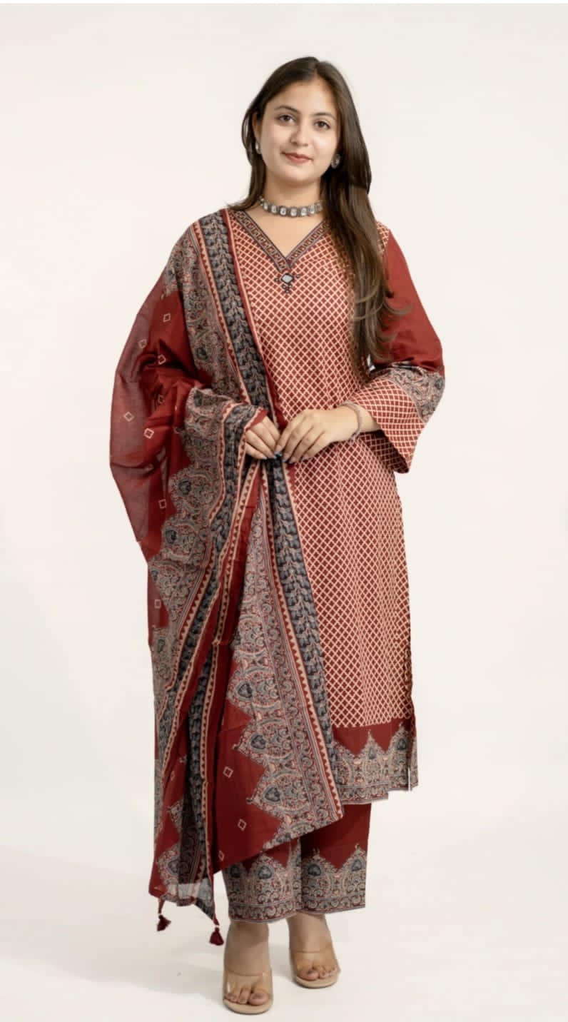Maroon Heavy Cotton Printed Kurti Pant Dupatta Set