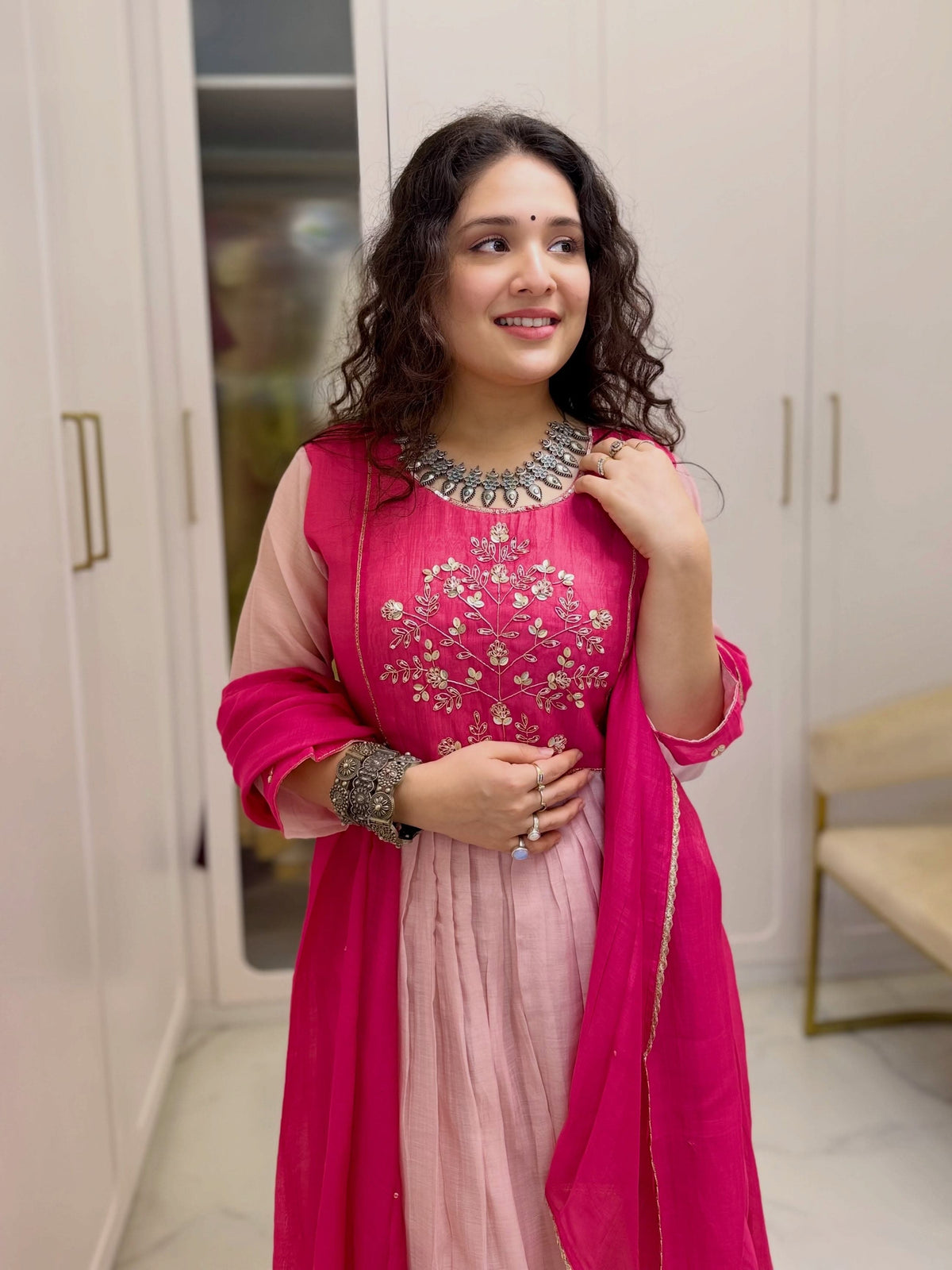 Magenta Pink Shaded Anarkali Kurta Set for Women