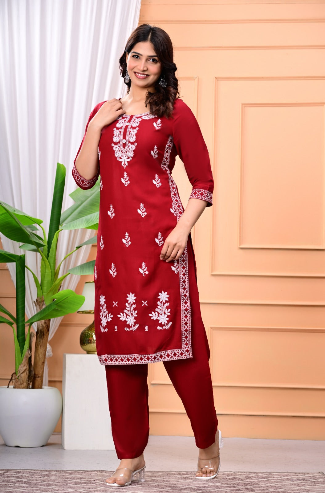 *Perfect outfit for this summer season with  most comfortable and beautiful chikankari embroidery work rayon fabric kurta  set*

* straight kurta palazzo set*


*Fabric : Rayon Liva certified*