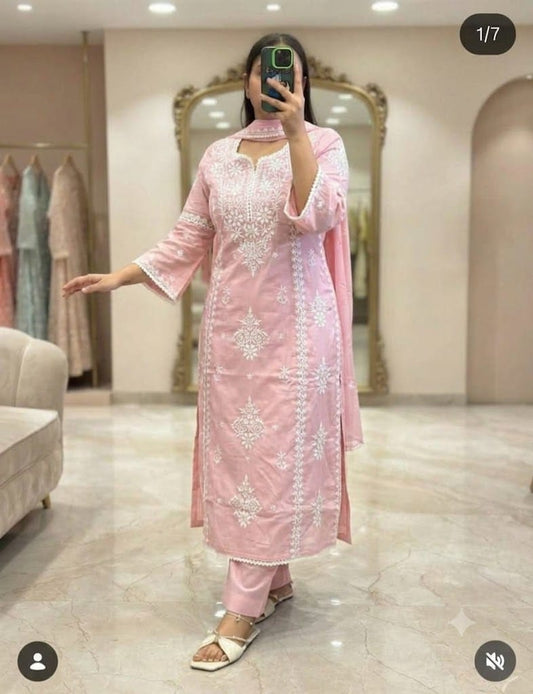 Baby Pink Chikankari Embroidered Cotton Suit Set for Women