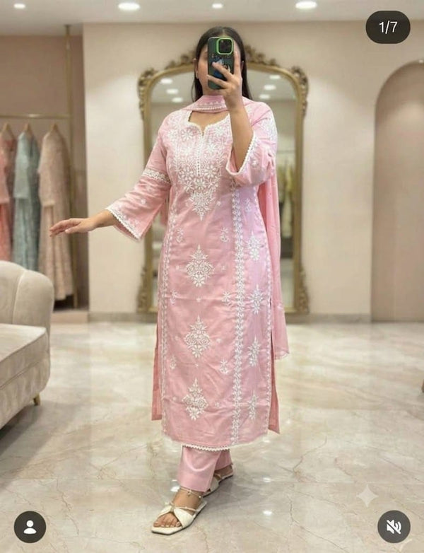 Baby Pink Chikankari Embroidered Cotton Suit Set for Women
