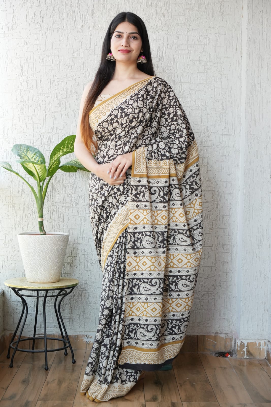 Black Mustard Printed Cotton Saree – Soft Cotton Saree for Women(MVCS44)
