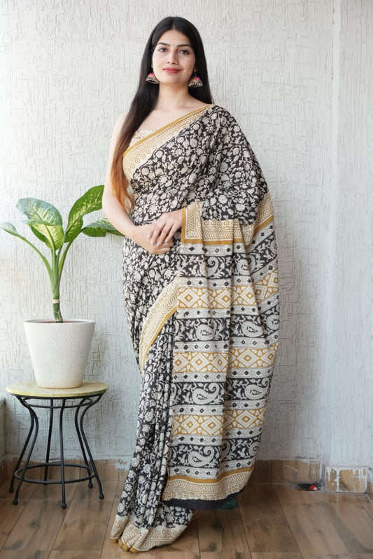 Black Mustard Printed Cotton Saree – Soft Cotton Saree for Women(MVCS44)