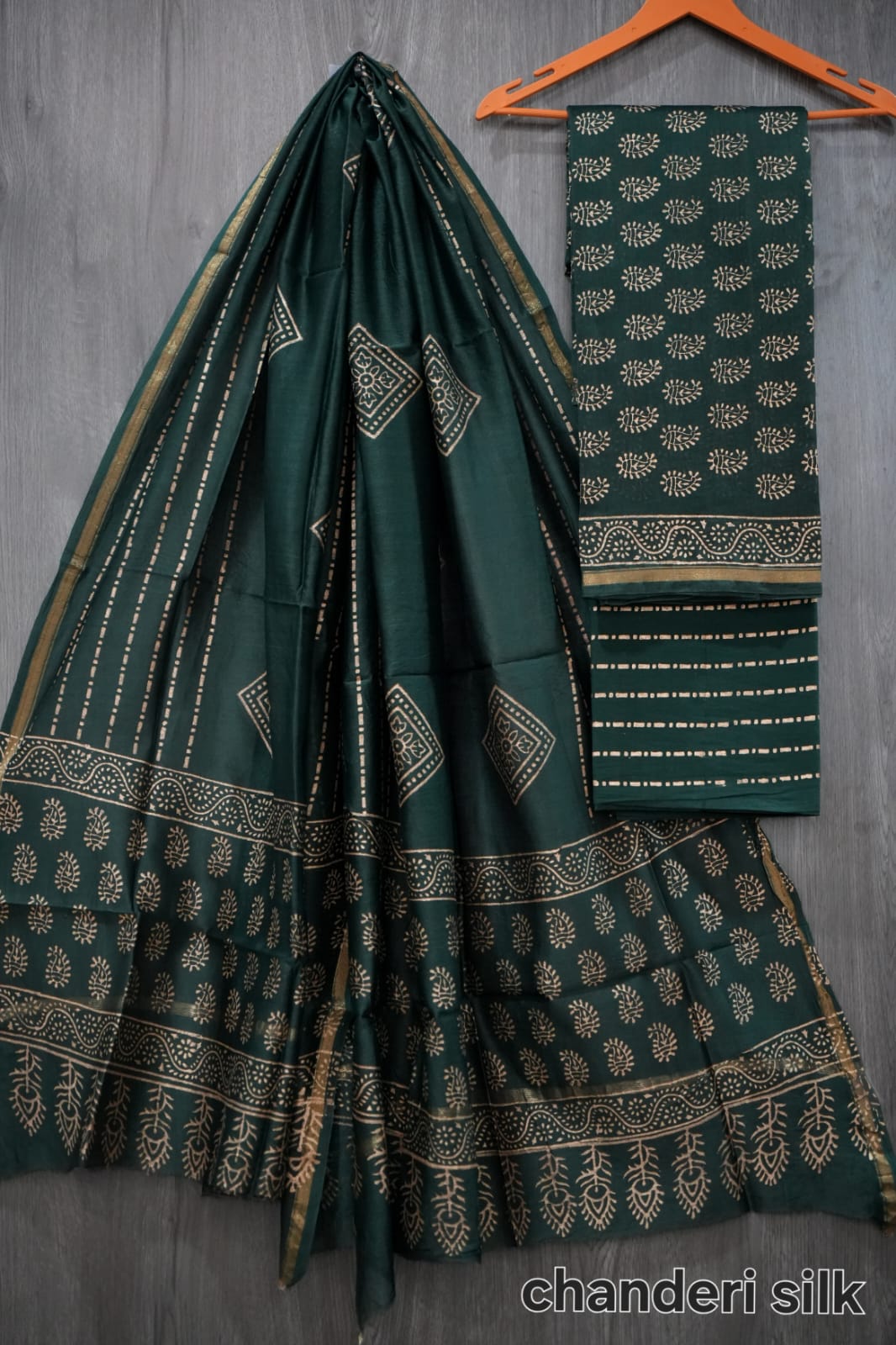 Bottle Green & Gold Hand Block Print Chanderi Silk Dress Material (BFCHS25)