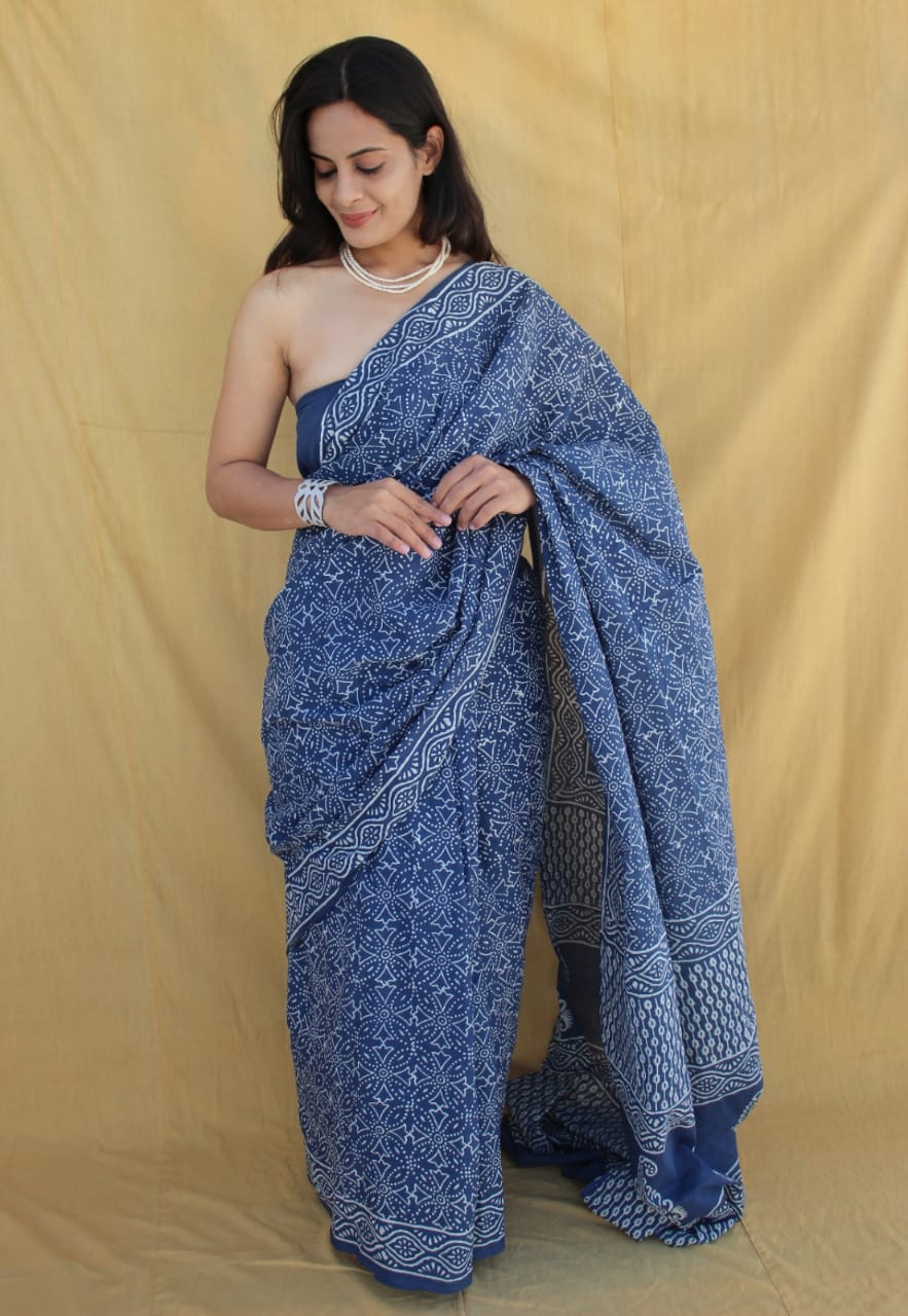 Indigo Blue Hand Block Printed Cotton Saree with Blouse (BFCS80)