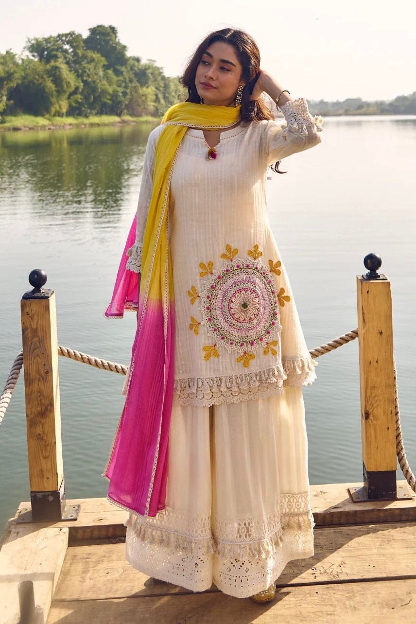 Off-White Embroidered Sharara Suit for Women | Pure Cotton Shifli Lino Kurta Set with Lahariya Tie-Dye Dupatta