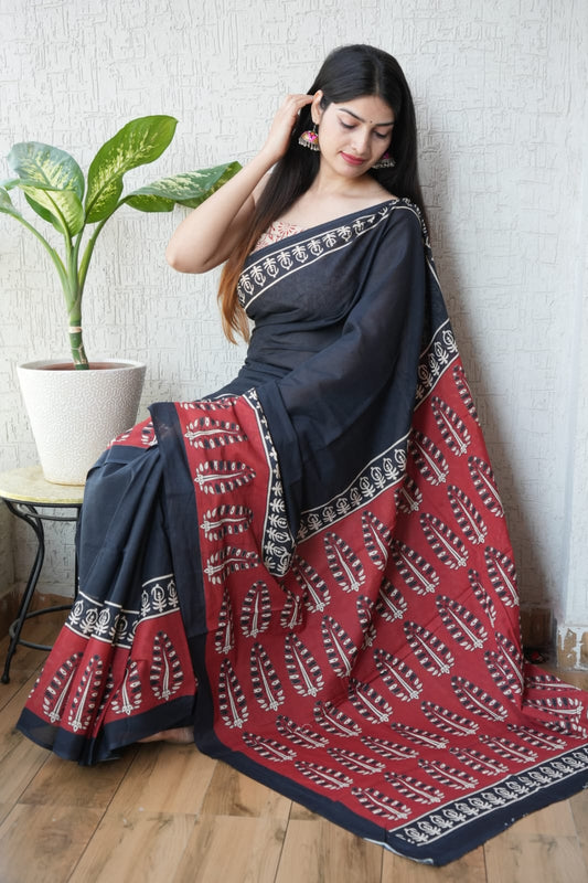 Black Red Printed Cotton Saree – Soft Cotton Saree for Women (BFCS16)