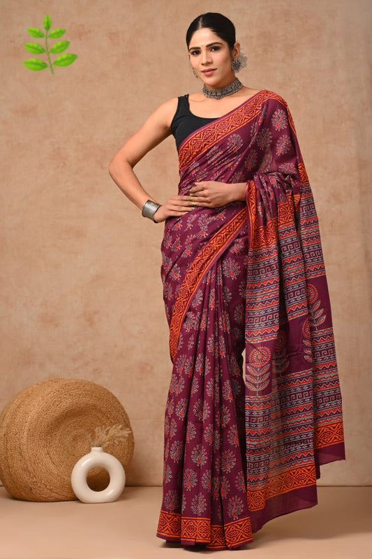 Maroon Hand Block Printed Cotton Saree with Blouse (BFCS56)