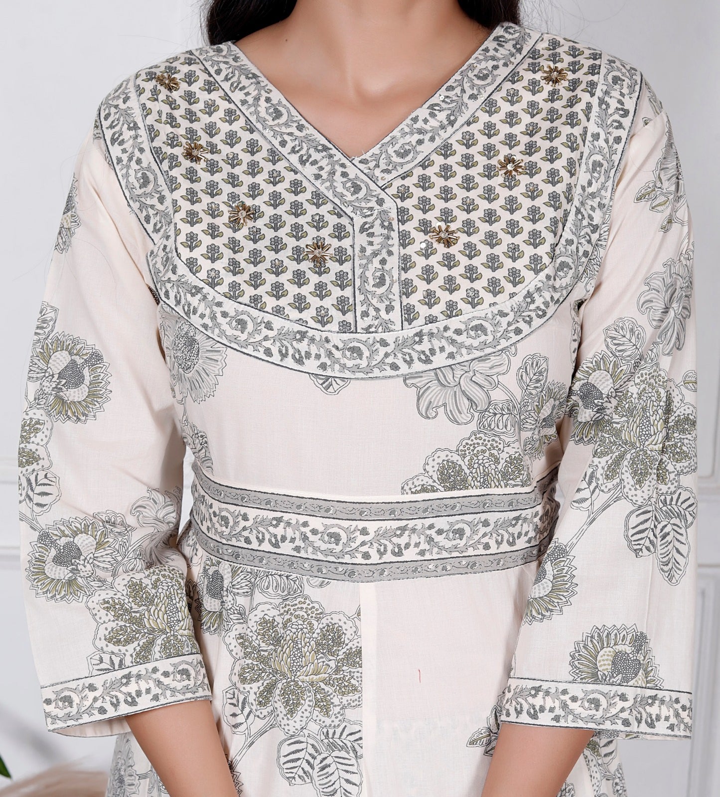 Grey Floral Print Premium Cotton Anarkali Suit Set