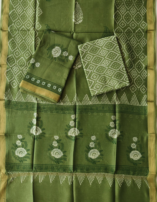 Premium Hand Block Printed Maheshwari Silk Suit(BFMAH93)