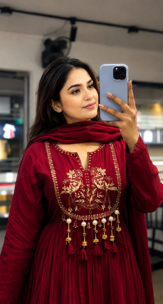 Maroon Embroidered Anarkali 3-Piece Suit Set |