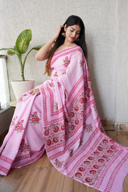 Pink Printed Cotton Saree – Soft Cotton Saree for Women (BFCS32)