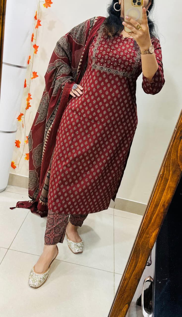Maroon Printed Cotton Suit Set with Dupatta