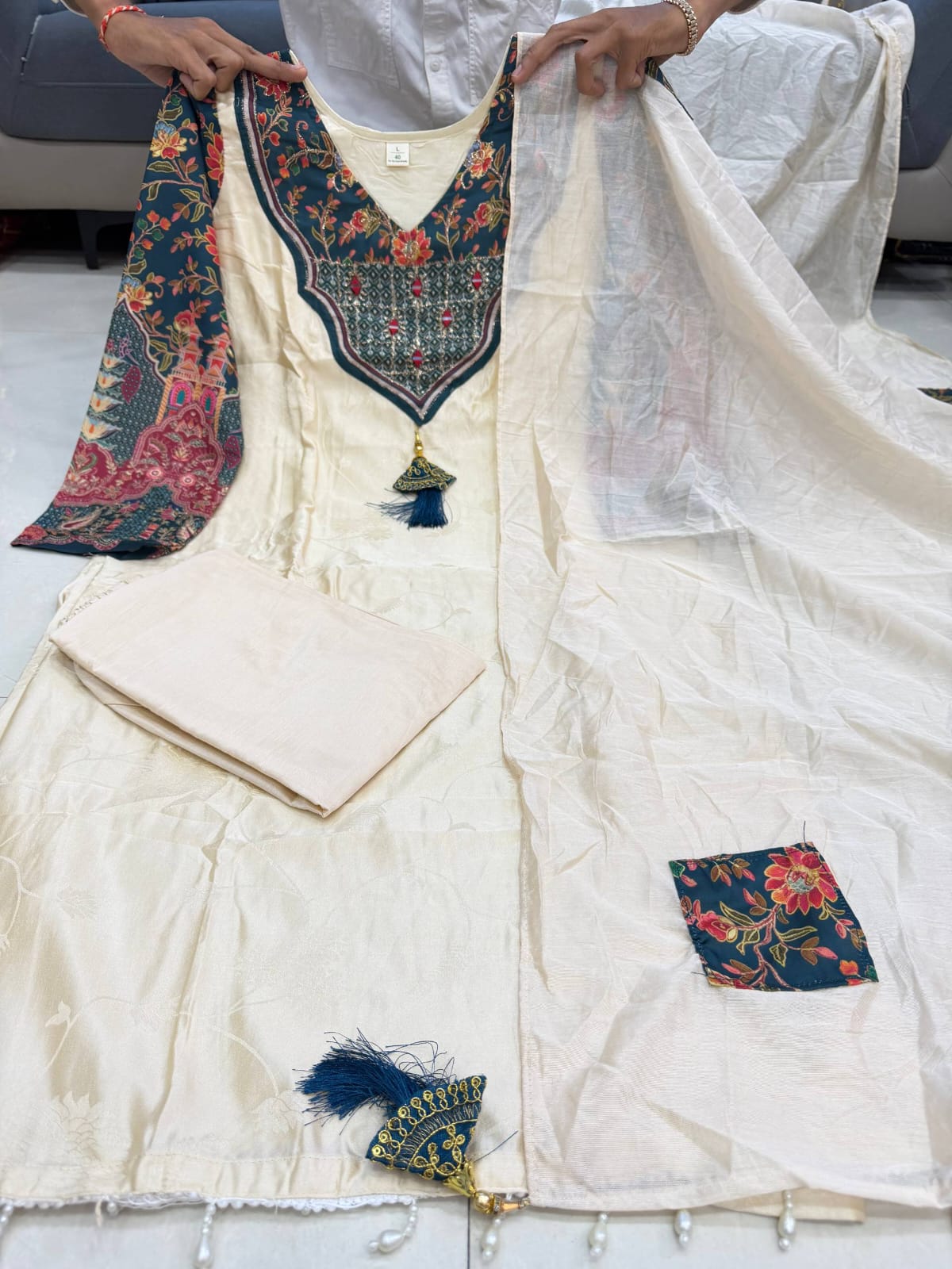 Ivory Cream Kurti Set with Ajrak Print Sleeves & Organza Dupatta