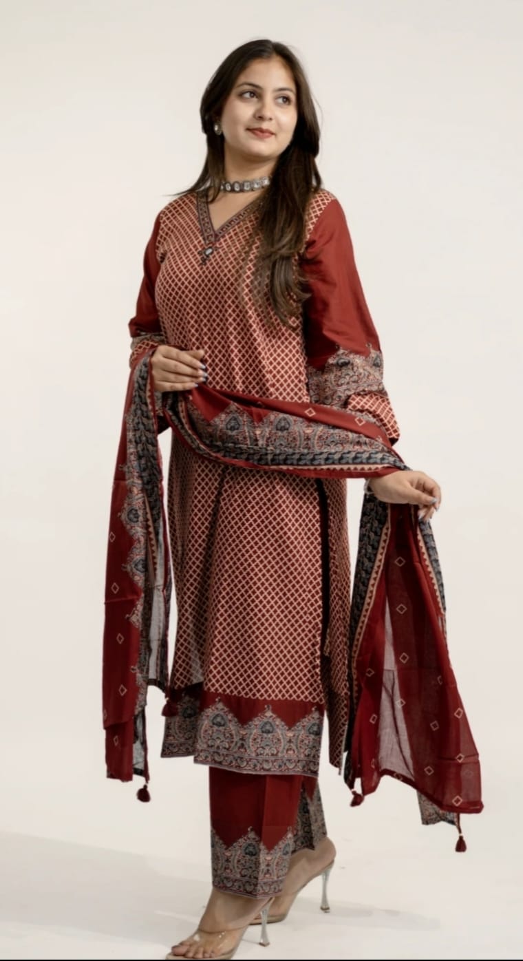 Maroon Heavy Cotton Printed Kurti Pant Dupatta Set