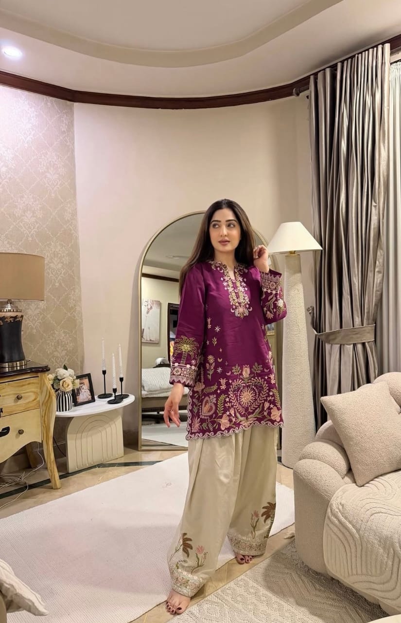 Rang-E-Malka Plum Purple Heavy Embroidered Farsi Suit Set | Modal Cotton