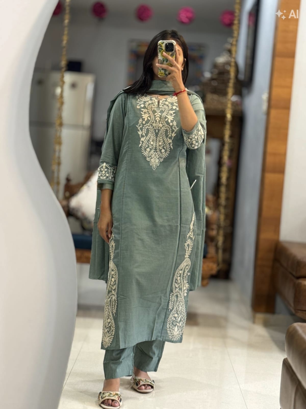 Green Embroidered Cotton Kurta Pant Set with Dupatta