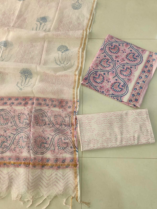 Premium Sanganeri Printed Cotton Suit With Kota Doria Duppta(BFCOTKD02)