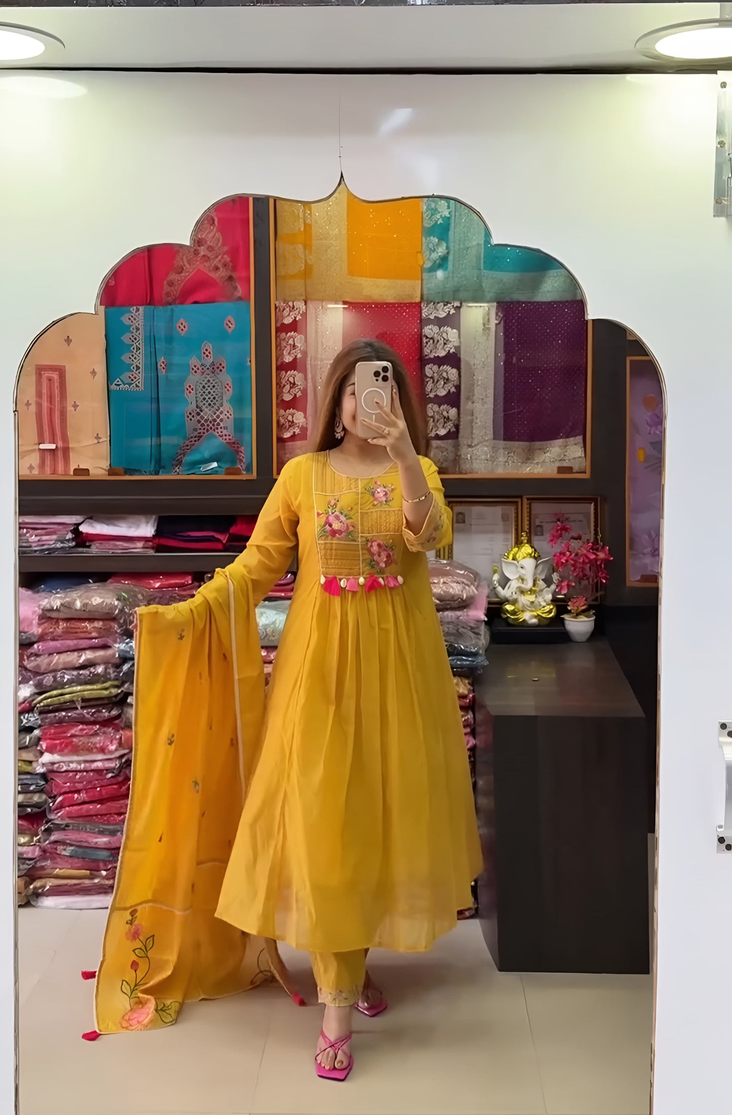 Yellow Embroidered A-Line Suit | Pure Cotton with Floral Dupatta