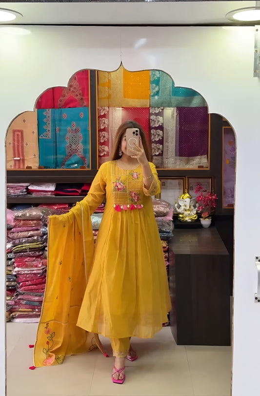Yellow Embroidered A-Line Suit | Pure Cotton with Floral Dupatta