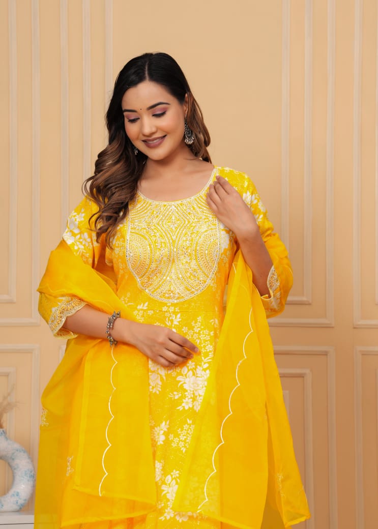Beautiful ANARKALI KURTA with heavy  embroidery  work  on yoke along with pants with duppata