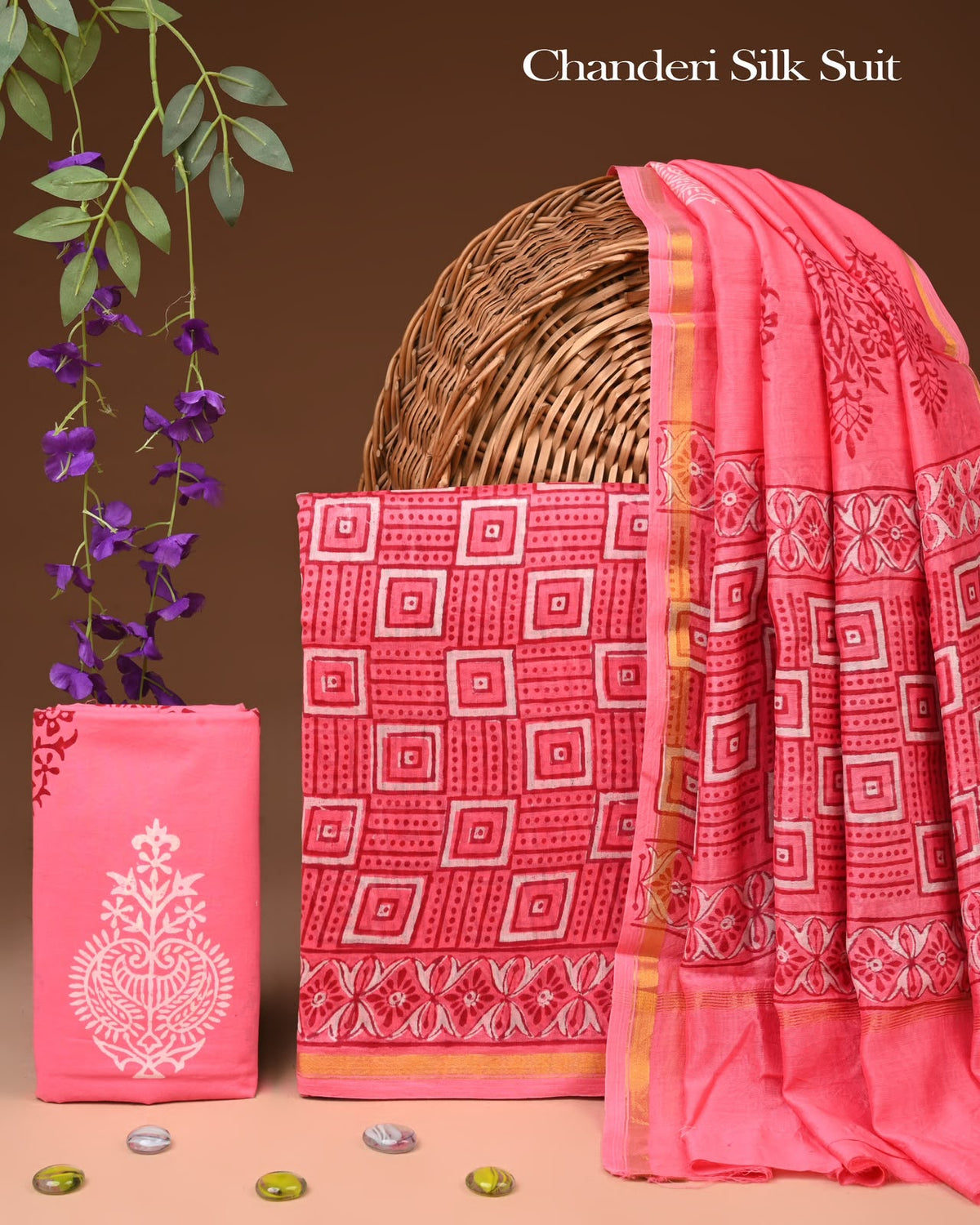 EXCLUSIVE HAND BLOCK CHANDERI SILK SUIT SET WITH CHANDERI DUPATTA