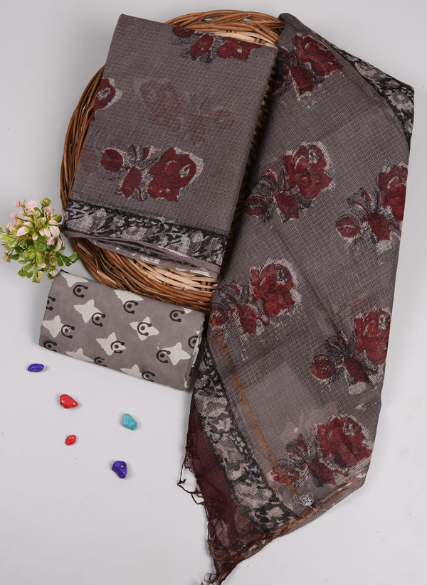 Grey & Maroon Rose Block Print Kota Doriya Suit (BFFKO94)