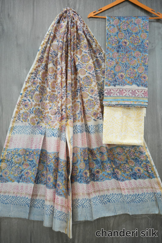 Steel Blue & Multicolor Round Floral Hand Block Print Chanderi Silk Suit Material  (BFCHS14)