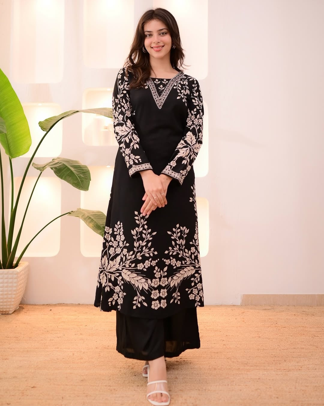 Black Rayon Designer Kurta Palazzo Set for Women