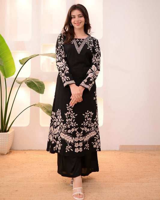 Black Rayon Designer Kurta Palazzo Set for Women