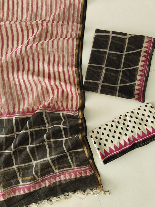 Black Pink & White Stripe Check Block Print Kota Doriya Suit (BFFKO100)