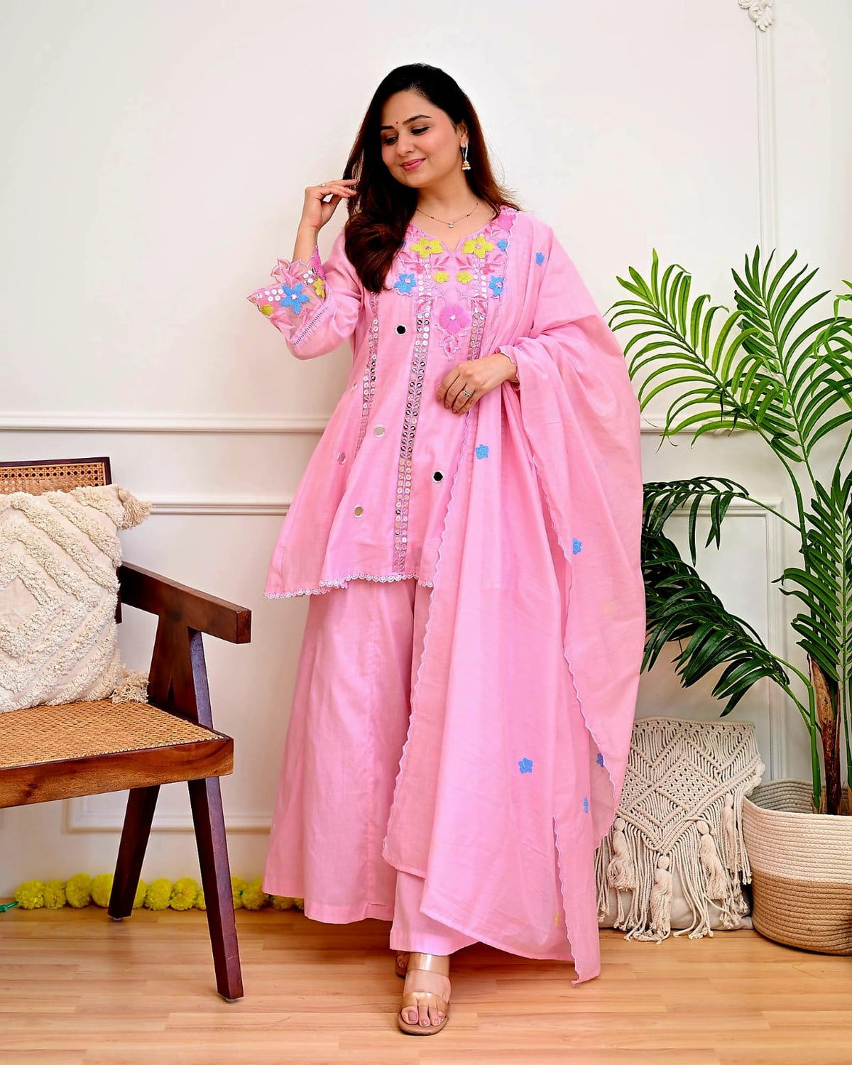 Baby Pink Embroidered Cotton Kurti Palazzo Set with Dupatta