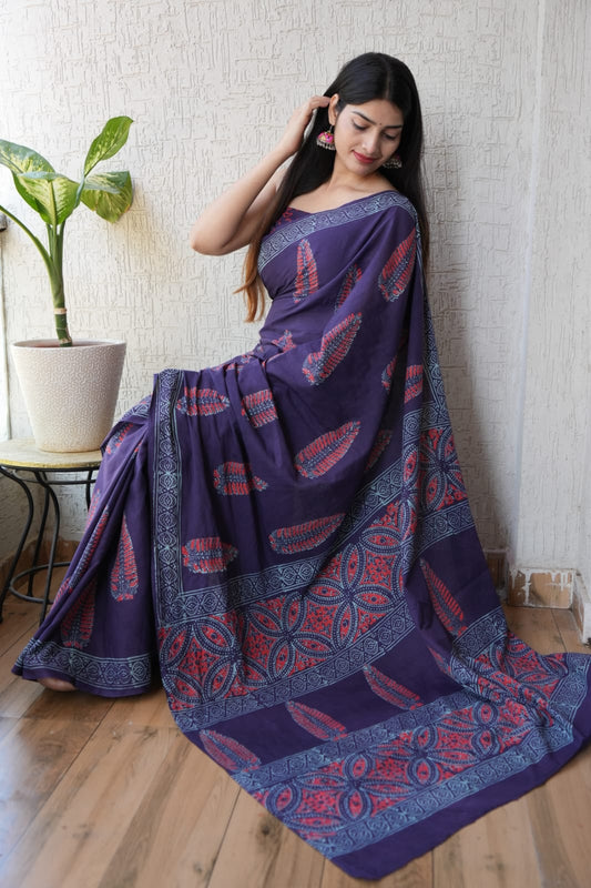 Traditional Authentic Hand Block Printed Pure Organic Cotton Sarees With matching Blouse