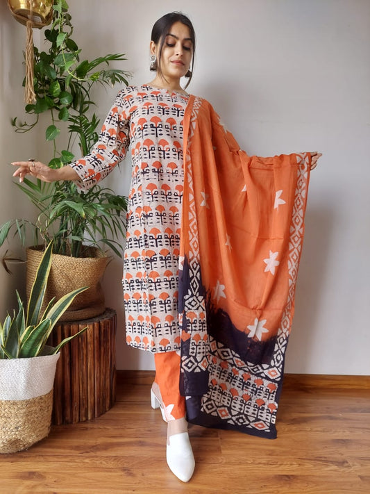 Orange Printed Cotton Suit with Dupatta